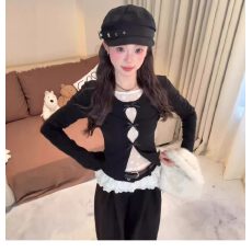 原版1:1,直播品质款/韩系假两件镂空蕾丝t恤修身内搭打底衫上衣