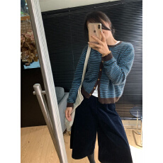 批发原版原色原纱1:1/针织开衫慵懒风韩系氛围感条纹毛衣外套