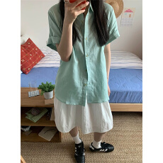 批发原版亚麻 直播品质/氧气感绿色短袖卷边纯色衬衫清爽简约上衣