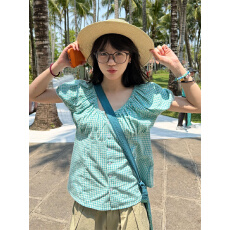 批发原版1:1 直播品质/设计感小众<b class='q'>复古</b>格纹短袖衬衫韩版显瘦百搭上衣
