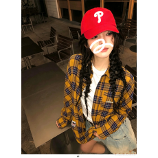 批发适合品质店铺/实价/韩系宽松红色格子衬衫长袖格纹衬衣防晒外搭