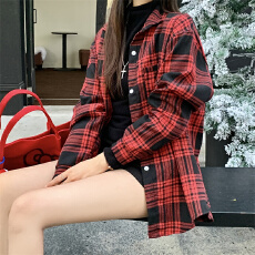 批发实价不减 格子衬衫中长款外套美式复古慵懒<b class='q'>街头</b>衬衣外套韩系穿搭