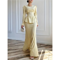 批发跨境外贸女士优雅两件套套收腰<b class='q'>长袖</b>上衣松紧腰修身半身裙套装