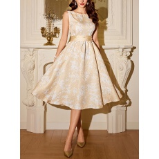 批发跨境外贸女士优雅复古花卉<b class='q'>提花</b>气质绑带收腰无袖<b class='q'>连衣裙</b>