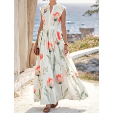 批发跨境外贸女士法式优雅花卉印花蕾丝拼接无袖长款收腰大摆连衣裙