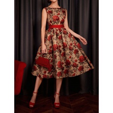 批发跨境外贸女士优雅复古玫瑰提花绑带收腰无袖大摆连衣裙