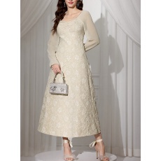 批发跨境外贸女士优雅气质<b class='q'>提花</b>拼接雪纺长袖修身<b class='q'>连衣裙</b>