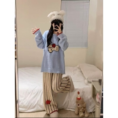 批发可爱少女毛衣半边绒睡衣女款秋冬季新款大码长袖长裤