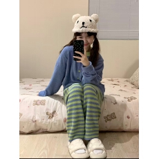 批发韩版复古慵懒风条纹针织半边绒<b class='q'>睡衣</b>女冬季加绒加厚保暖家居服套装