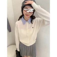 批发韩系复古<b class='q'>条纹</b><b class='q'>衬衫</b>翻领撞色小马刺绣毛针织开衫女早春百搭休闲外套