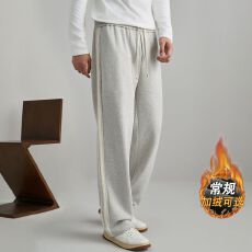 批发数据款加绒加厚男士休闲长裤条纹织带品质男装宽松直筒休闲裤男