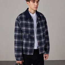 批发秋冬季美式复古毛呢格子外套 男士休闲百搭翻领潮流夹克上衣