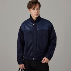 批发秋<b class='q'>冬</b>新款鹿皮绒拼接PU皮翻领夹克男士高级感休闲宽松帅气百搭外套