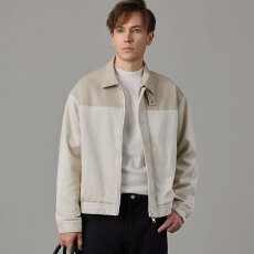 批发秋<b class='q'>冬</b>新款鹿皮绒拼接PU皮翻领夹克男士高级感休闲宽松帅气百搭外套