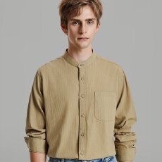 批发<b class='q'>淘宝</b>爆款纯棉长袖男衬衫立领竖条纹休闲帅气百搭男士衬衫稳定<b class='q'>货源</b>