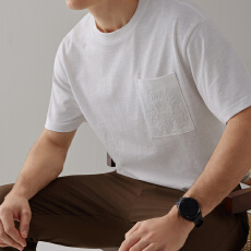 批发2026夏季纯棉短袖男士休闲百搭口袋绣花纯色T恤上衣