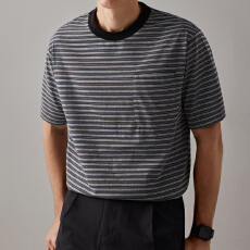 批发2026夏季新款男士百搭短袖T恤潮牌宽松圆领条纹内搭打底上衣