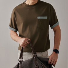 批发夏季新款男士细格纹拼接口袋短袖上衣<b class='q'>日系</b><b class='q'>复古</b>休闲百搭圆领T恤