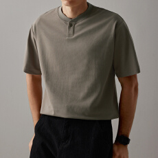夏季男士休闲宽松亨利领短袖上衣纯色T恤