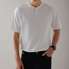 夏季男士休闲宽松亨利领短袖上衣纯色T恤