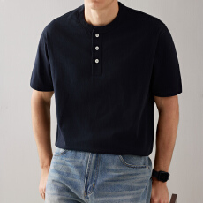 批发男纯色百搭休闲潮流短袖T恤2026夏季新款纽扣套头日系复古体恤衫