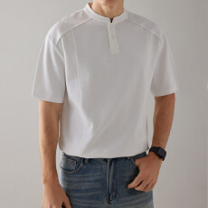 批发夏季日系简约结构款式宽松老钱风短袖圆领T恤男纯色上衣