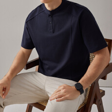 批发夏季日系简约结构款式宽松老钱风短袖圆领T恤男纯色上衣