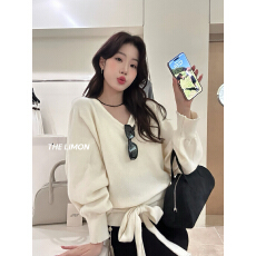 批发灰色V领软糯配腰带毛衣女秋冬慵懒松弛感宽松<b class='q'>蝙蝠衫</b>独特别致上衣