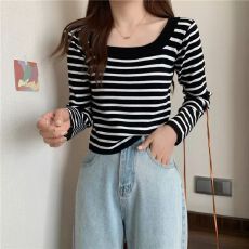 批发法式U领<b class='q'>黑白条纹</b>长袖<b class='q'>t</b><b class='q'>恤</b>秋冬上衣女新款韩系轻熟风内搭打底针织衫