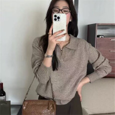 批发韩版黑色polo领长袖针织衫女2025秋冬慵懒风宽松休闲v领<b class='q'>毛衣</b>上衣