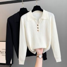 批发韩版春秋POLO领秋季毛<b class='q'>针织衫</b>针织短款<b class='q'>薄款</b>翻领长袖休闲毛衣女百搭