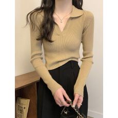 港式修身Polo领抽褶长袖针织衫女辣妹气质V领收腰打底衫正肩上衣