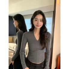 批发韩系藏青长袖v领<b class='q'>针织衫</b>女秋冬季2025新款高级感修身内搭打底上衣