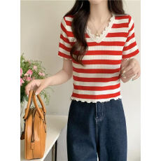 批发冰丝短袖薄款设计感小众木耳边V领<b class='q'>条纹</b><b class='q'>针织衫</b>女夏季新款别致上衣