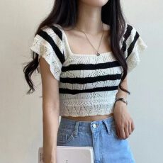 批发韩国chic夏季法式小众镂空设计感收腰方领撞色<b class='q'>条纹</b>短款<b class='q'>针织衫</b>女潮