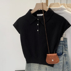 批发高级感好看灰色POLO领短袖<b class='q'>针织衫</b>女夏2026新款独特翻领T恤小上衣