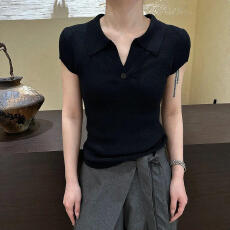 批发2026夏季新款半开领时尚坑条短袖毛<b class='q'>针织衫</b>女独特修身显瘦减龄上衣