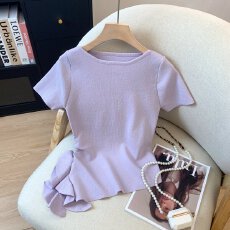 批发港味风格不规则荷叶边收腰短袖T恤女夏季新款修身显瘦<b class='q'>针织衫</b>上衣