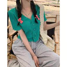 批发木耳边花朵褶皱上衣<b class='q'>女</b>薄款针织衫短袖辣妹泫雅风露脐配高腰裤t恤