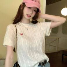 批发法式刺绣t恤女夏季新款麻花针织短袖绝美显瘦<b class='q'>小衫</b>奶系温柔风上衣