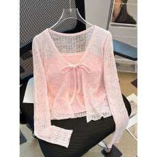 批发春夏外搭配吊带薄款微透绿色防晒<b class='q'>开衫外套</b>女新款罩衫长袖T恤上衣