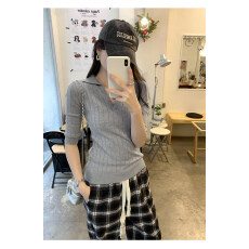 批发老钱风polo领冰丝针织短袖<b class='q'>t</b><b class='q'>恤</b>女夏季高级感修身正肩系带<b class='q'>翻领</b>上衣