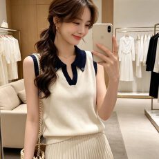 批发韩系修身翻领纽扣拼色<b class='q'>针织衫</b>背心女高级感绝美显瘦气质无袖上衣夏