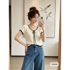 批发韩系撞色花边冰丝短袖<b class='q'>针织衫</b>女款2026新款夏季独特漂亮蝴蝶结上衣