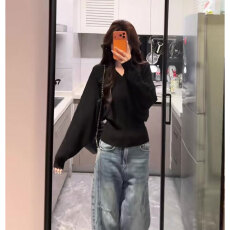 批发慵懒风V领宽松蝙蝠袖针织衫女早秋新款白色长袖显瘦百搭收腰上衣