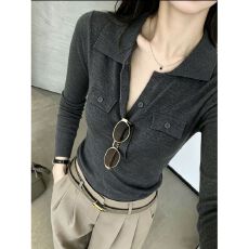 批发复古老钱风polo领长袖针织女春秋内搭修身显瘦V领常规款打底上衣