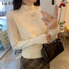 批发咖色半高领修身针织打底衫女秋季新款内搭长袖保暖上衣高级感毛衣