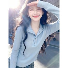 批发高级感翻领纽扣针织衫女春秋长袖气质减龄显瘦大码内搭打底衫上衣