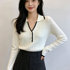 批发时尚韩系复古撞色POLO针织衫女秋冬显瘦百搭简约休闲长袖打底上衣