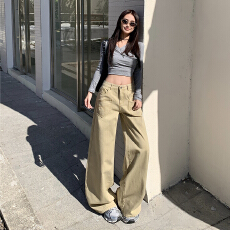 批发美式复古｜前贴袋刺绣设计｜宽松直筒阔腿牛仔裤女